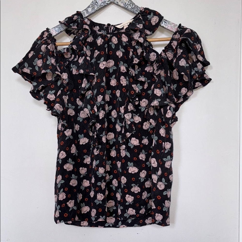 Rebecca Taylor Black Floral Ruffle Silk Blouse - 8